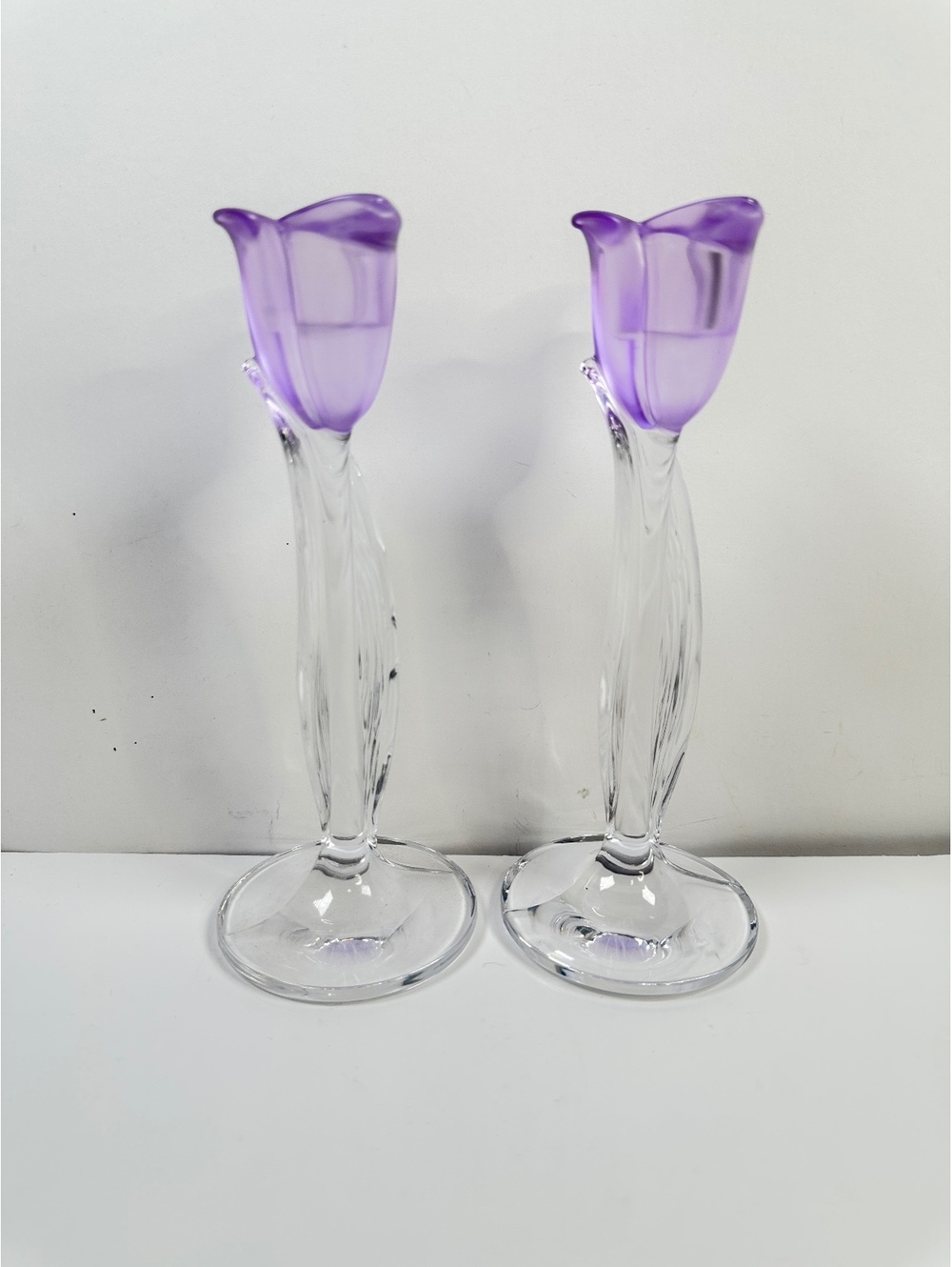 VTG Purple Tulip Mikasa Candle Stick Holders Spring Aria Lead Crystal Pair